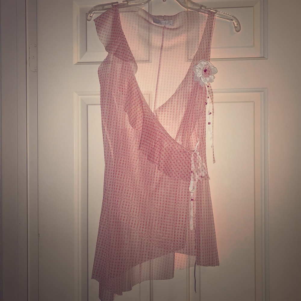 Sheer top pink/white sz S layering piece w/ flower